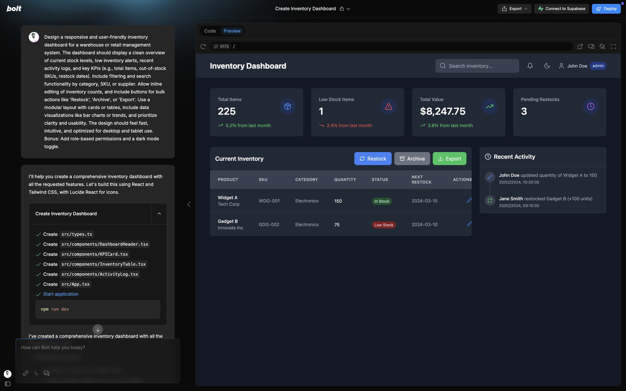 Bolt dashboard